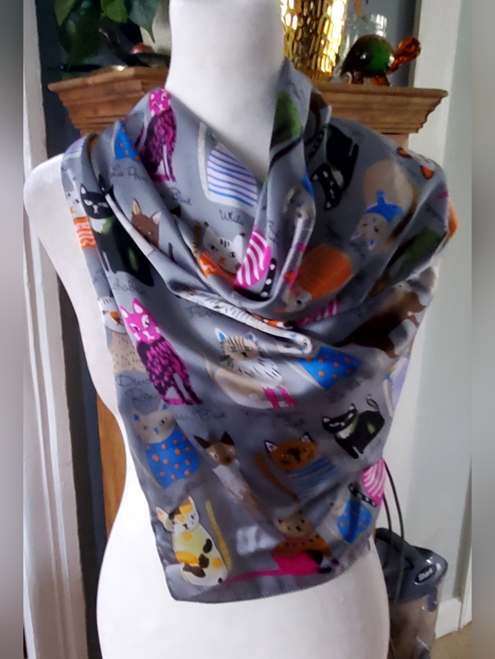 Gray Silky Scarf with Colorful Cat Motifs